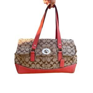 Coach Turnlock Hamptons Signature Satchel Handbag – Red/Orange Leather F13070